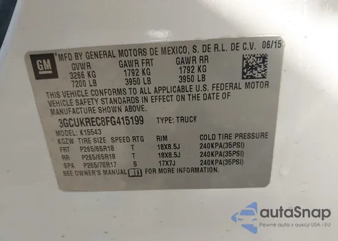 2015 Chevrolet Silverado 1500 2Lt from USA, damaged, VIN 3GCUKREC8FG415199